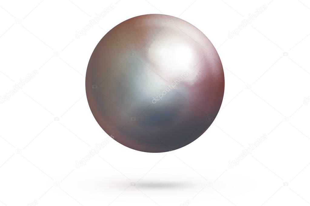 Realistic single shiny natural rainbow sea pearl with light effects isolated on white background. Spherical beautiful orb with transparent glares and highlights. Jewel gems. 3D render.