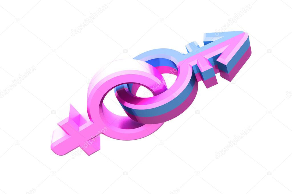 Set of gender symbols with stylized silhouettes, male, female and unisex or transgender. Idea and leadership concep. Isolated on white backgroud. 3d illustration.