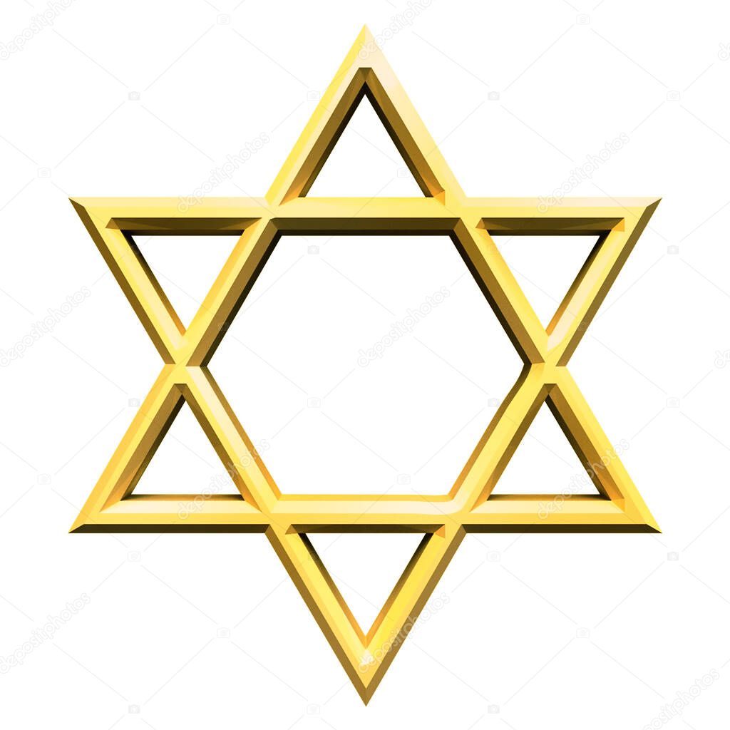 Israel star. Seal of Solomon icon. Jewish Star of David six sointed star. Isolated gold hexagram on white background. 3d illustration