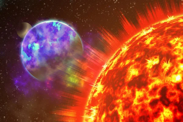 Scheme of solar radiation and electromagnetic field of the Earth. Sun and Earth in the depths of space.