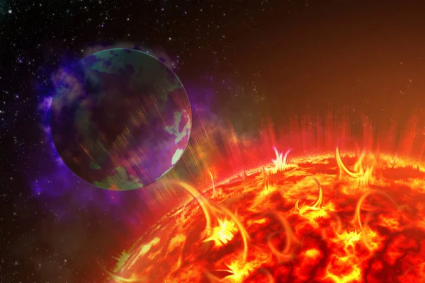 Scheme Solar Radiation Electromagnetic Field Earth Sun Earth Depths Space — Stock Photo, Image
