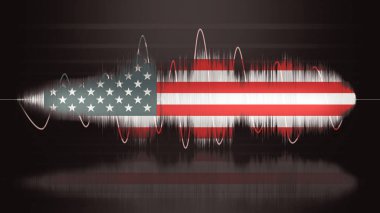 Parlayan parçacıklar ve telden oluşan soyut dijital dalga. Fütürist 3d illüstrasyon 5.1 ses. Hud elementi. Amerika Birleşik Devletleri bayrağı. Teknoloji konsepti. Soyut arkaplan.