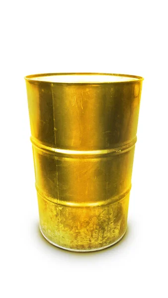 Złota beczka oleju izolowana na białym tle. Pusta, realistyczna beczka oleju rustykalnego. — Zdjęcie stockowe