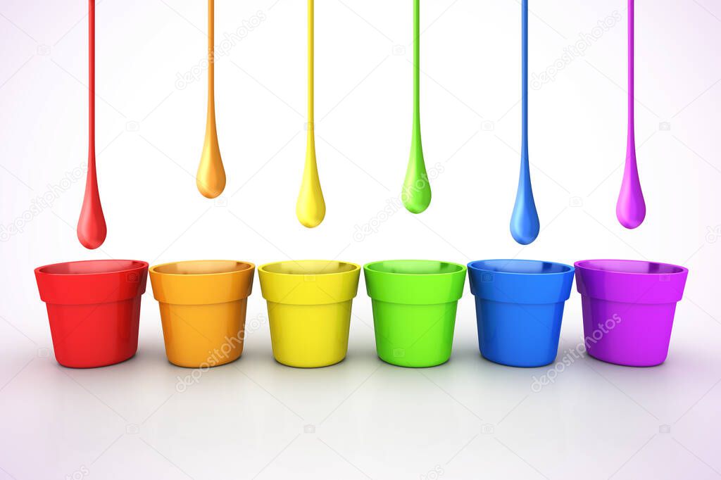Colored cans LGBT flag on white table perspective view. 3d illustration. Colorful sample paint pots