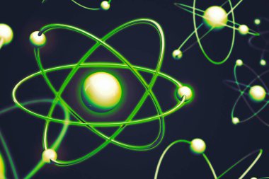 Geometrik Şekillerden Atom Arkaplanı, Çizgi Çemberi. Enerjik arka planda atom nükleer modeli. 3d illüstrasyon