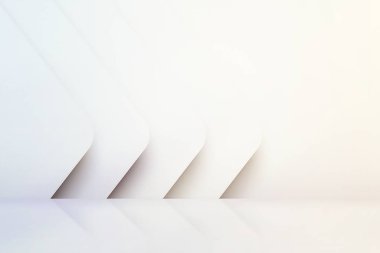 Parlak zemini olan beyaz, boş bir İskandinav odası. Lüks, parlak, beyaz bir iç mekan. Soyut beyaz arkaplan. 3d illüstrasyon
