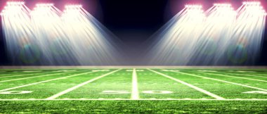 Futbol sahası perspektifi. Beyaz çizgileri olan futbol stadyumu