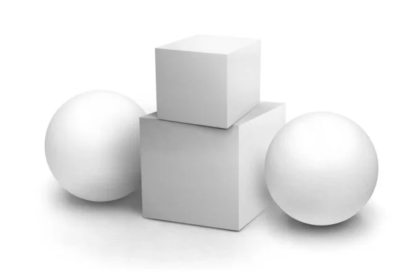 Oggetti vuoti composizione mockup. Cubo e sfera bianchi. Oggetti isolati su sfondo bianco. Rendering 3D . — Foto Stock