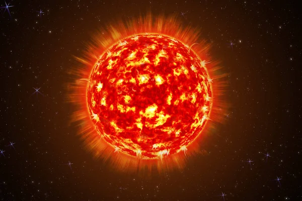 Una imagen de un sol detallado en el espacio. Estrella, tormenta solar. El poder del sol en el espacio con el fondo de plasma. ilustración 3d — Foto de Stock