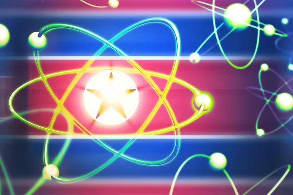 Jaderná bomba, nukleární test. Atom nukleární model na severokorejské poškrábal vlajku. 3D ilustrace — Stock fotografie