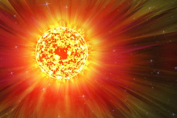 Tormenta solar extrema, llamaradas solares. Rayos de sol de luz solar. Sol luminoso brillante con efecto de luz, sol con destello de lente. Fondo de luz de sol naranja. ilustración 3d — Foto de Stock