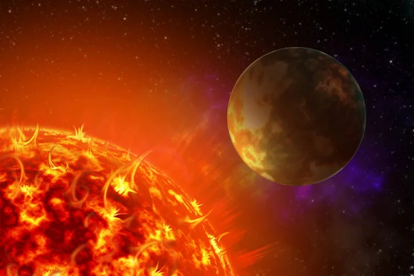 Foto del sol en el espacio. Vista de cerca de un sol ardiente en el espacio. Fondo de plasma. ilustración 3d — Foto de Stock