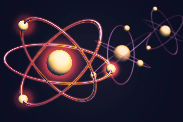 Atom Backgrounds from Geometric Shapes, Circle of Points of Lines. Atom nuclear model on energetic background. 3D illustration