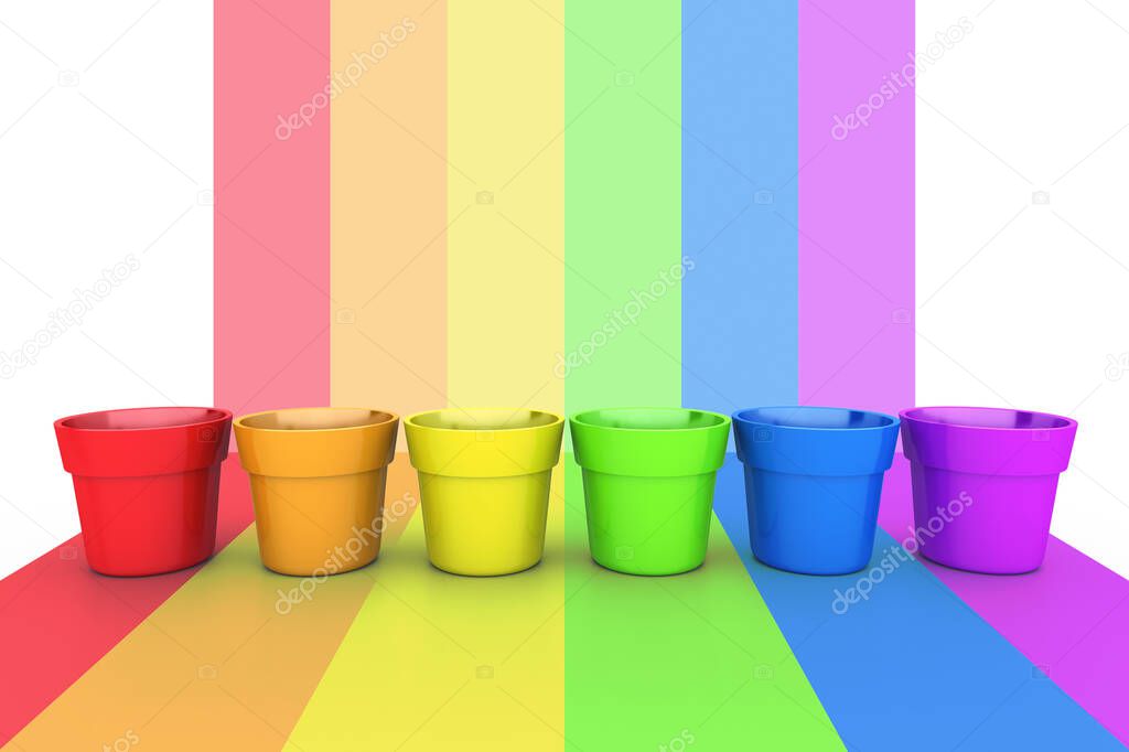 Colorful sample paint pots. Painting or decorating supplies on LGBT flag background. 3d illustration