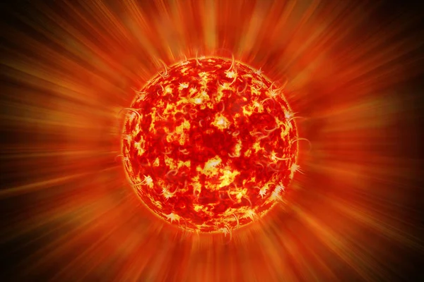 Een beeld van een gedetailleerde zon in de ruimte. Ster, zonnestorm. De kracht van de zon in de ruimte met Plasma Achtergrond. 3d illustratie — Stockfoto