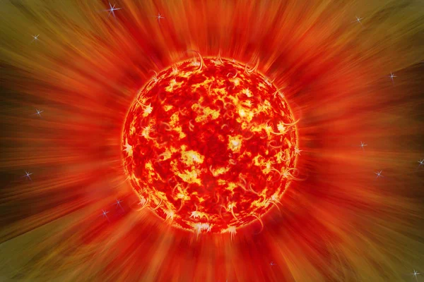 Extreme zonnestorm, zonnevlammen. Zonnestralen van zonlicht. Heldere stralende zon met lichteffect, zonneschijn met lensflare. Oranje zonlicht achtergrond. 3d illustratie — Stockfoto