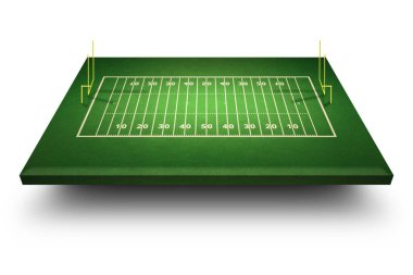 Futbol sahası perspektifi. Sahada beyaz çizgileri olan futbol stadyumu. Perspektif elementleri. Ragby futbol sahası, sahada beyaz çizgiler çiziyor. 3d illüstrasyon.