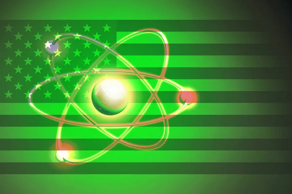 American nuclear bomb, nuclear test. Atom nuclear model on united states scratched Flag. 3d illustration — Stock Photo, Image