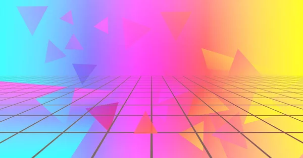 Retro futuristic neon background 1980s style. Retro music album cover template with abstract laser grid. 3d render
