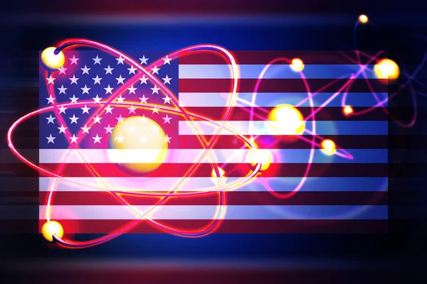 American nuclear bomb, nuclear test. Atom nuclear model on united states scratched Flag. 3d illustration — Stock Photo, Image