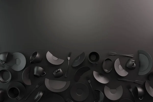 Black food background έννοια για το σχεδιασμό μενού εστιατόριο ή καφέ. Αντιγράψτε χώρο για το λογότυπό σας. Διαφημιστικό φυλλάδιο. Mate Κεραμικά πιάτα και πιάτα. Γκρίζες κούπες καφέ και πιατάκια σε σκούρο φόντο. 3d απόδοση — Φωτογραφία Αρχείου