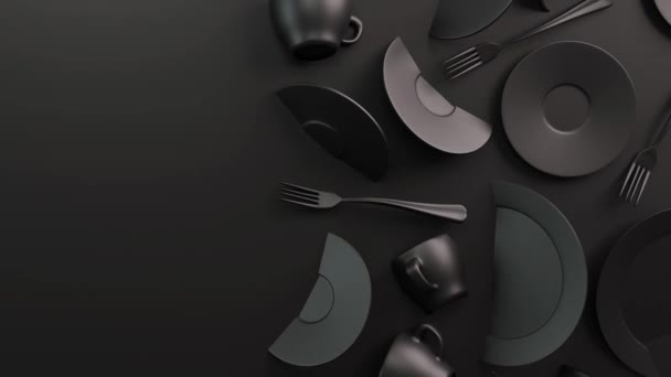 Black food background concept for design menu restaurant or cafe. Copy space for your logo. Food flyer. Ceramic Plates and Dishes. White coffee mugs and saucers on a white background. 3d render — Stock Footage Black Food Background Concept Design Menu Restaurant Cafe Copy Space Royalty Free Stock Video