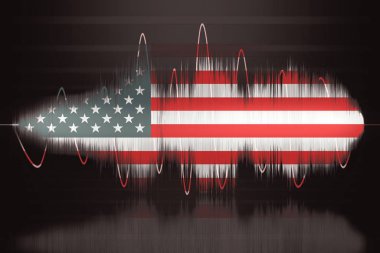 Parlayan parçacıklar ve telden oluşan soyut dijital dalga. Fütürist 3d illüstrasyon 5.1 ses. Hud elementi. Amerika Birleşik Devletleri bayrağı. Teknoloji konsepti. Soyut arkaplan.
