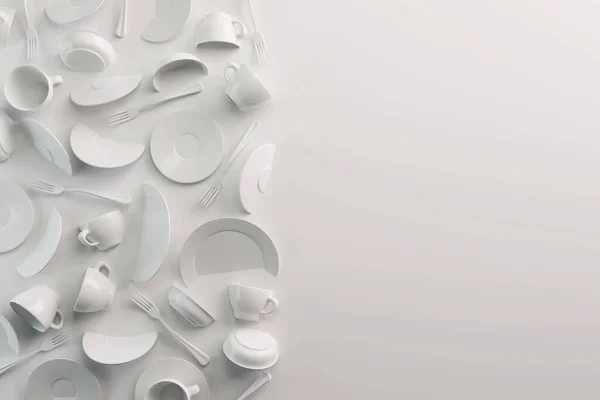 White Food concetto di sfondo per il ristorante menu di design o caffè. Copia lo spazio per il tuo logo. Un volantino. Piatti e piatti in ceramica. Tazze di caffè bianco e piattini su uno sfondo bianco. rendering 3d — Foto Stock