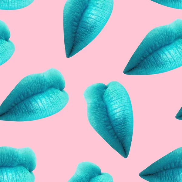 Seamless pattern. Light blue lips on pink background. Sexy close female mouth. — ストック写真