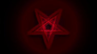 Ters Pentagram sembolü. Wiccan sembolleri- Sülfür Haçı. Kan kırmızısı runik büyü çemberi. Şeytani işaret, sihirli döküm yüzüğü. Pentalpha, Pentangle. 3d illüstrasyon.