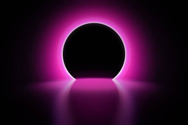 Pembe neon çerçeve. Parlak kıvrımlı Bunner. Parlak dairesel ışık pankartı. Parlak spiral. Light Ring arka planı. Soyut geometrik neon daire. LED elips 3D illüstratör parlat