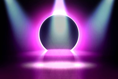 Pembe neon çerçeve. Parlak kıvrımlı Bunner. Parlak dairesel ışık pankartı. Parlak spiral. Light Ring arka planı. Soyut geometrik neon daire. LED elips 3D illüstratör parlat