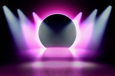 Pembe neon çerçeve. Parlak kıvrımlı Bunner. Parlak dairesel ışık pankartı. Parlak spiral. Light Ring arka planı. Soyut geometrik neon daire. LED elips 3D illüstratör parlat