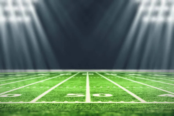 Sahada beyaz çizgileri olan futbol stadyumu. Futbol sahası perspektifi. Perspektif elementleri. Ragby futbol sahası, sahada beyaz çizgiler çiziyor. 3d illüstrasyon.