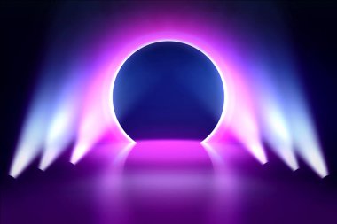 Pembe neon çerçeve. Parlak kıvrımlı Bunner. Parlak dairesel ışık pankartı. Parlak spiral. Light Ring arka planı. Soyut geometrik neon daire. LED elips 3D illüstratör parlat