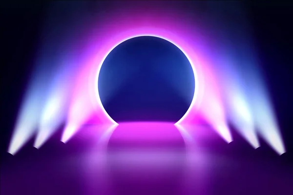 Pink neon round frame. Luminous swirling bunner. Shining circle light banner. Glowing spiral. Light Ring background. Abstraction geometric neon circle. Shine LED ellipse 3D illustrator