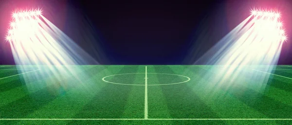 白い線がピッチをマークしたサッカースタジアム サッカー場の視点 ピッチを示す白い線でラグビーサッカー場 3Dイラスト — ストック写真