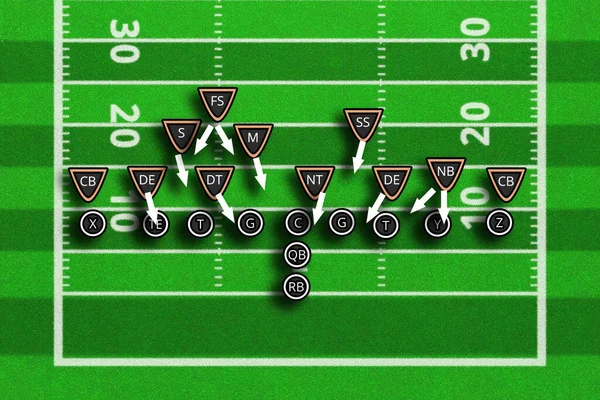 チームプレーと戦略 サッカーの試合のスキーム アメリカのサッカー界のトップビュー 3DイラストアメリカンフットボールのXとOのプレイ — ストック写真