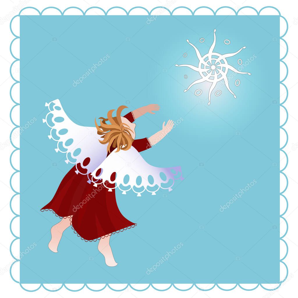 Angel and star on a blue background, vector