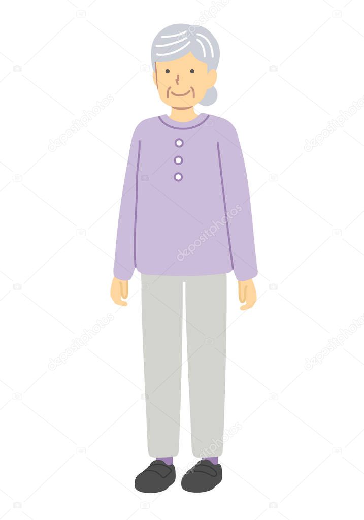 Standing senior woman in purple clothes