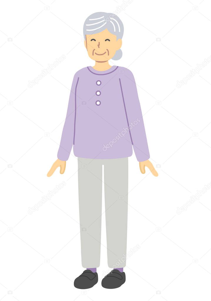 Smiling senior woman in purple clothes