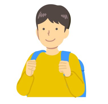 Sarı elbiseli sırt çantası taşıyan bir çocuk.