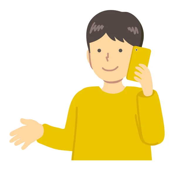 Chłopiec Smartfonem Żółtych Ubraniach — Wektor stockowy