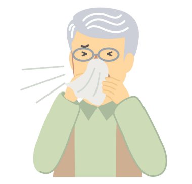 Yeşil elbiseli kıdemli adam burnunu siliyor.