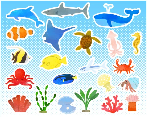 各种海洋生物集合 模拟风格 — 图库矢量图片