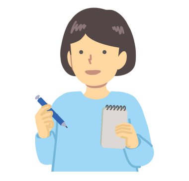 Açık mavi elbiseli kız, not alıyor.