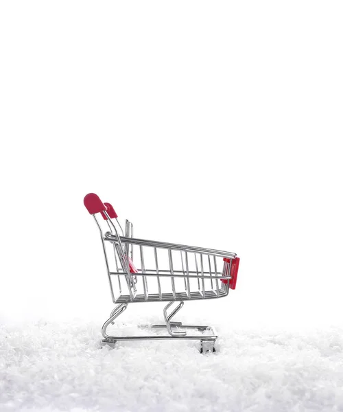 Sneeuw Winkelwagentje Witte Achtergrond Nieuwjaar Kerstmis Kopen — Stockfoto