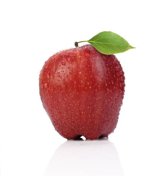 Pomme Rouge Avec Une Seule Feuille — Photo