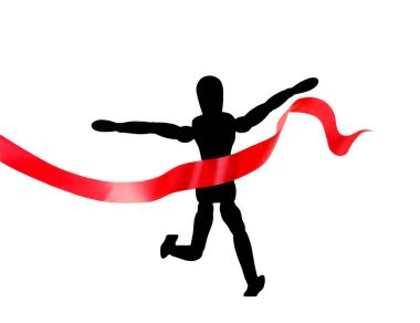  bir lider kazanan kırmızı kurdele ile beyaz bir arka plan üzerinde çalışan bir adam figürü