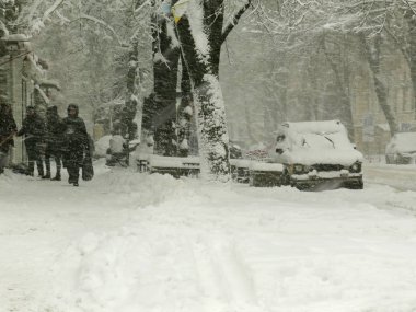 Bulutlu. Doğal afetler kış, blizzard, şiddetli kar yağışı felç şehir araba içi, Daralt. Kar kaplı Siklon